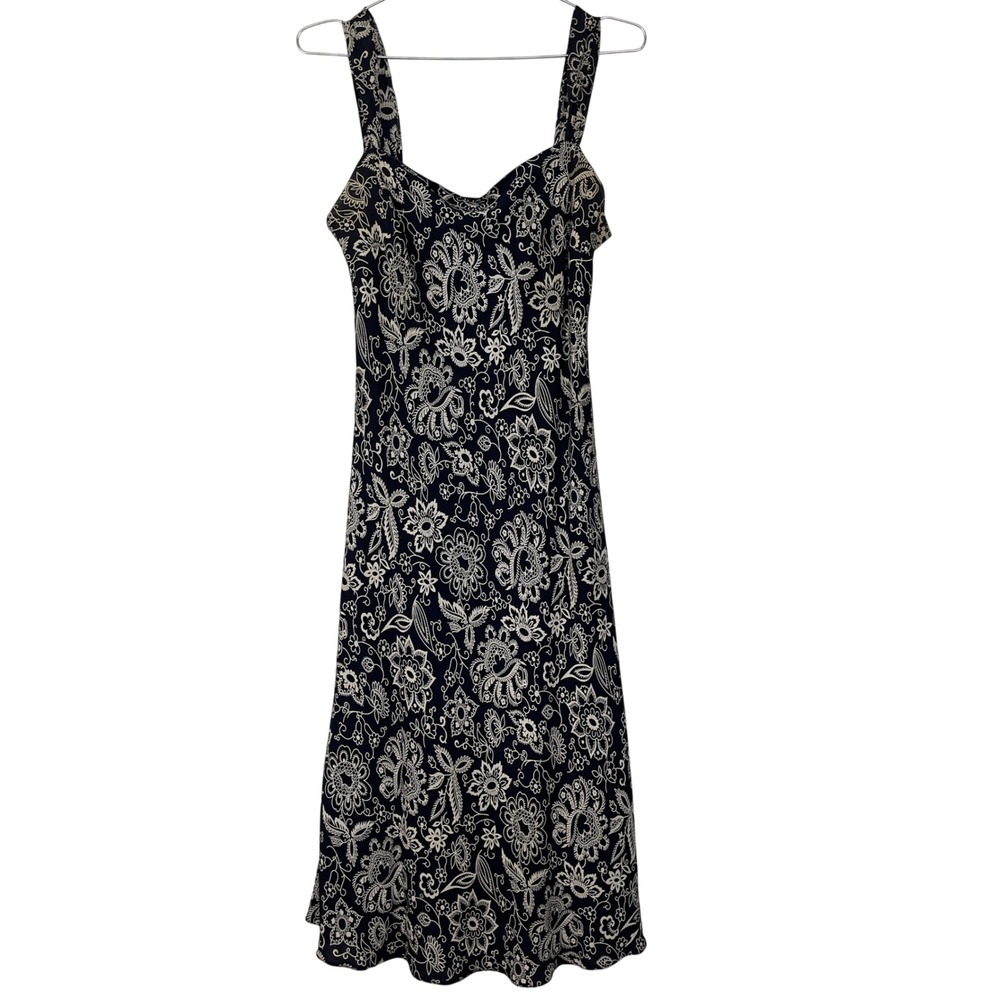 Vintage 90s Lauren Ralph Lauren Midi Dress Floral Silk Paisley 10 Blue Flawed